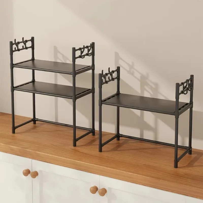 2/3 Layers Kitchen Storage Rack Space Saving Simple Microwave Shelf with With Hooks for Pantry Cabinet Countertop Home Organizer