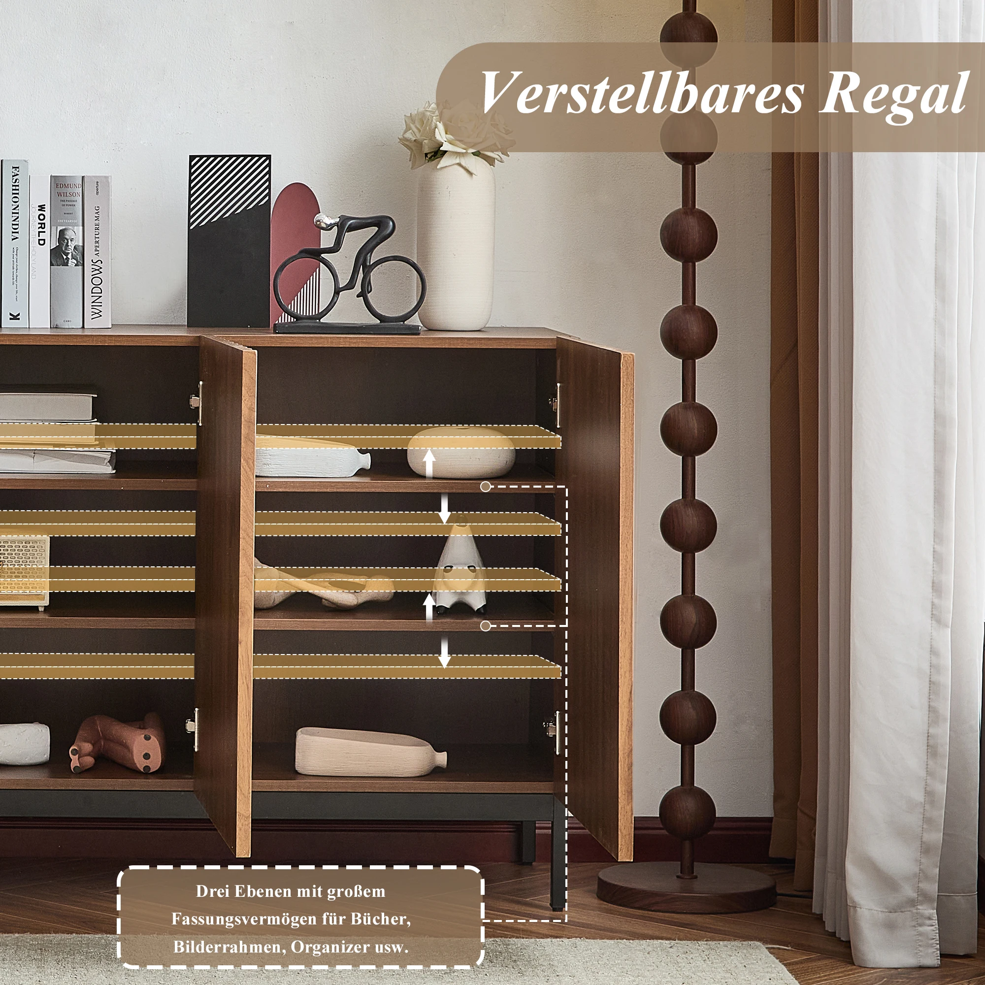 150 x 40 x 80 cm großes Sideboard aus dunkler Eiche, dekorativer Schrank im Mid-Century-Stil, 3 Türen, welliges 3D-Design, verstellbare Regale – Detail 20