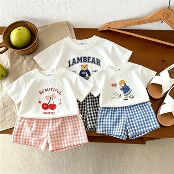 Popular Design Children Short Sleeved Suit Summer Baby Boys And Girls T-shirt Plaid Shorts Casual Two Piece Set Kids Clothing