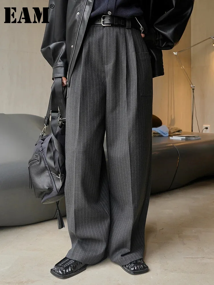 

[EAM] High Waist Blue Striped Long Wide Leg Vintage Pants New Loose Fit Trousers Women Fashion Tide Spring Autumn 2024 1DH1190