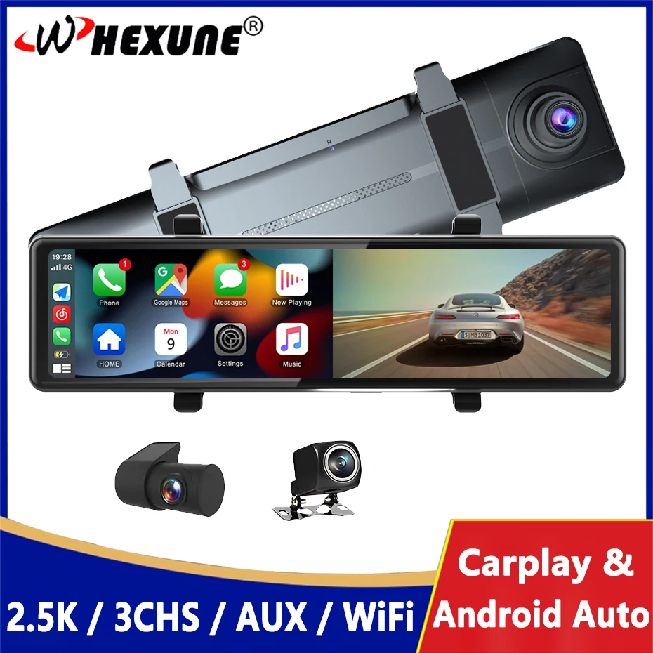 3 Telecamere Car Mirror Registrazione Video 1440P Dash Cam Carplay E Android Connessione Wireless Automatica Wifi Miracast Navigazione Gps Dvr
