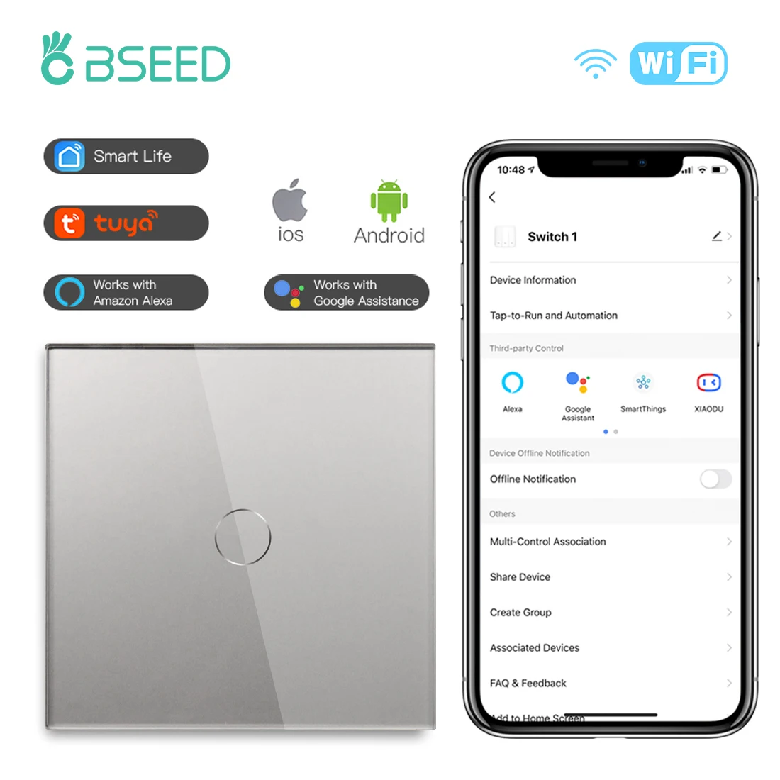 

BSEED 1/2/3Gang Smart Wireless Switch 1/2/3Way Wifi Smart Wall Light Switches Glass Panel Smart Life Goolge Alexa App Control