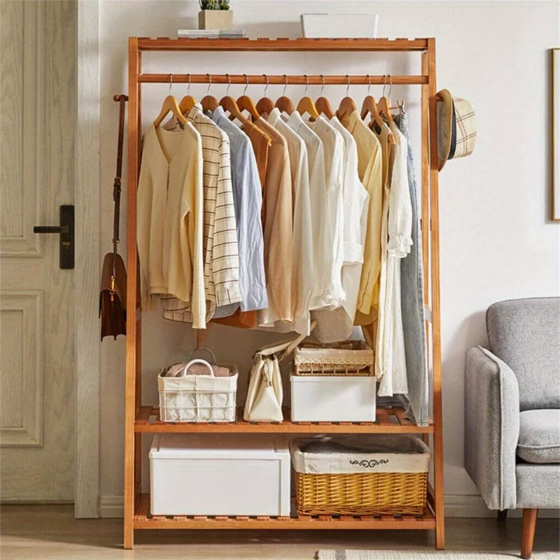 Bamboo Clothes Hanging Garment Rack Heavy Duty Laundry Rack Cloest Storage Shelf 6