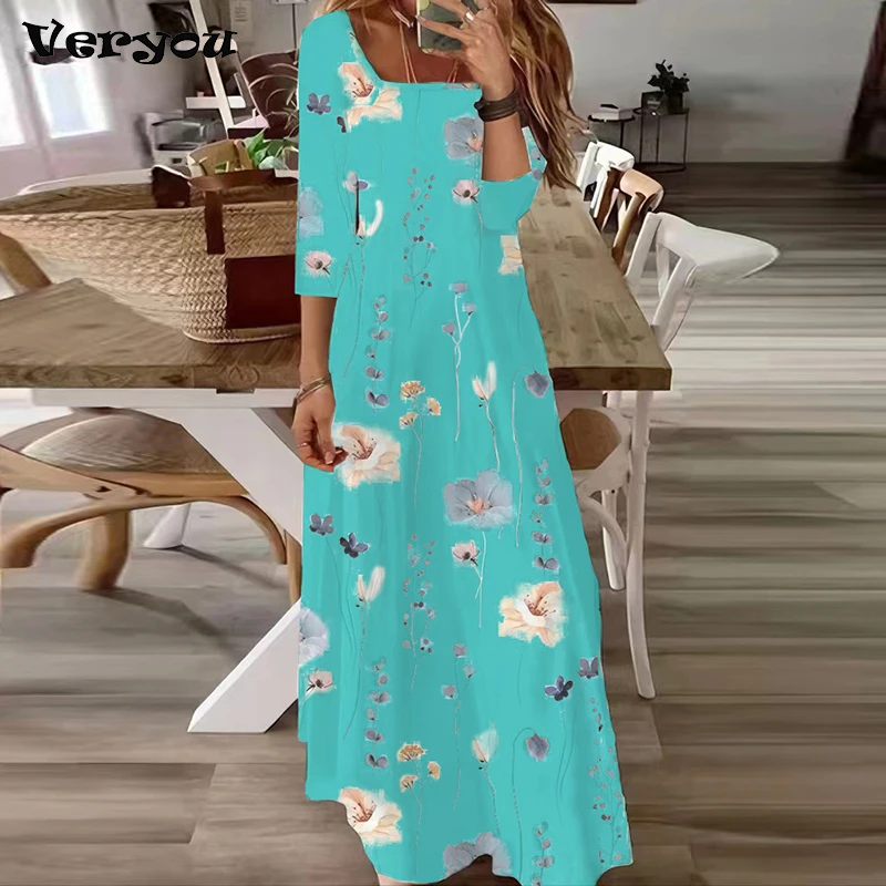 

2023 Elegant Summer Dresses For Women Casual Flower Print Maxi Dress Women Half Sleeve Casual Loose Long Dress Boho