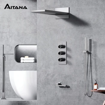 Bagno di lusso in ottone con pistola grigia Display a LED incorporato Sistema doccia termostatico. Pioggia a parete/Spray a cascata Doppia uscita 1