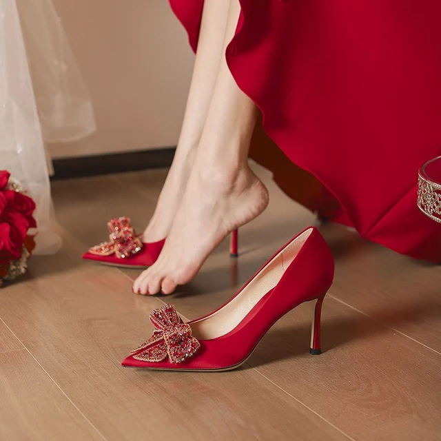 Wedding Pumps Party Rhinestone Shoes for Women Bride Stiletto Red