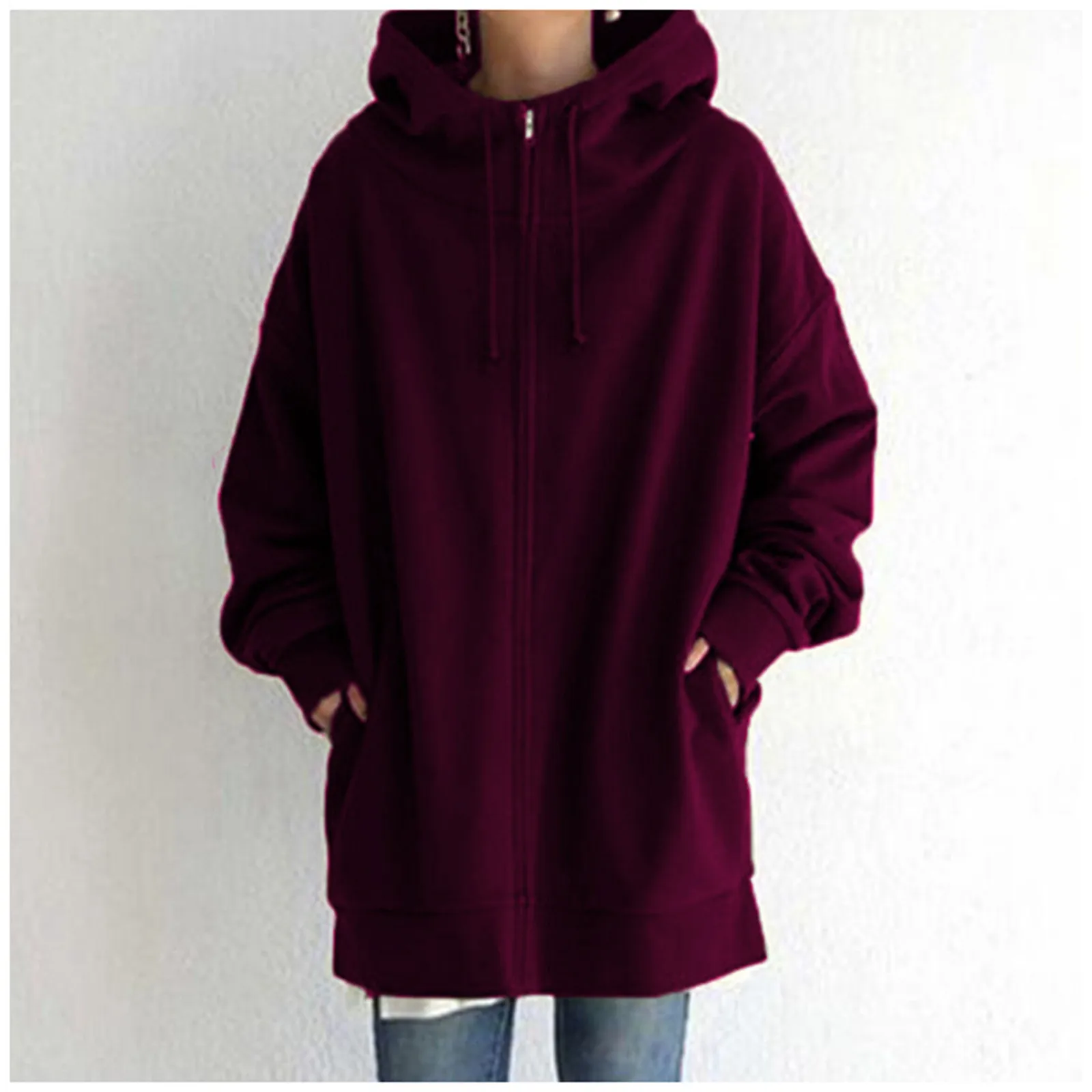 

Women's Solid Color Zippered Hooded Longline Fleece Lined Streetwear Pullover Jacket Hoodie Female