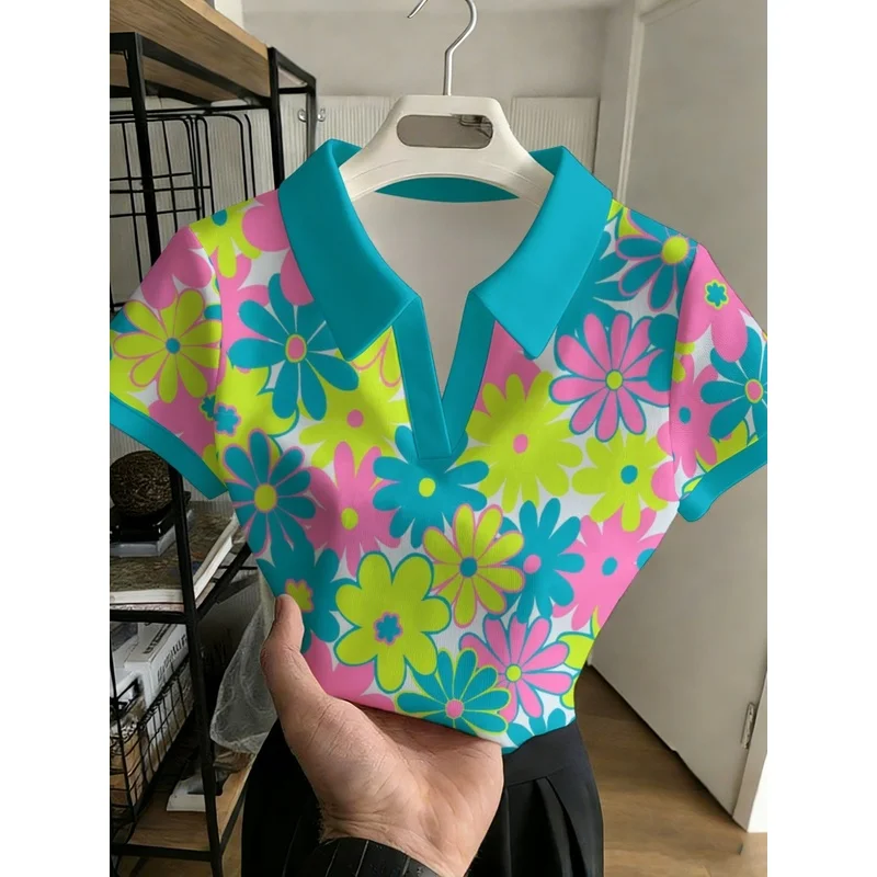 Dopamine Color-Blocking Neon-Gänseblümchen-Print Kurzarm-Shirt für Damen, Damen-T-Shirt mit Kragen