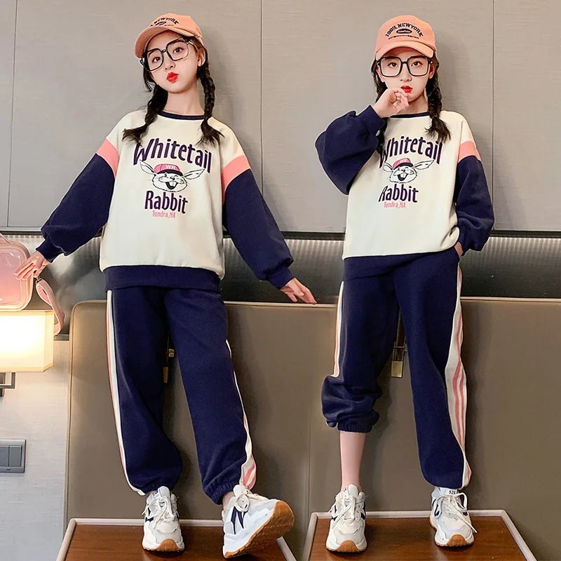 

Spring Autumn Girls Contrast Cartoon Sweatshirt+Striped Sweatpant School Kids Tracksuit Child Jogger Outfit Workout Sets 5-16Yrs
