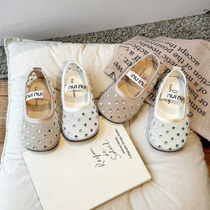 Baby Shoes Mesh Shoes Summer Breathable Lace Mesh Ballet Flats Kids Girls Luxury Brand Design Crystal First Walkers Shoes Baby Children Bling Zapatos