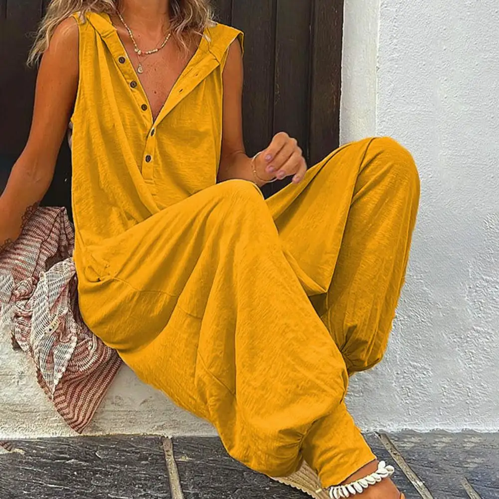 

Women Jumpsuit Sleeveless Button Closure Loose-fitting Lint Free Decorative Cotton Blend Summer Women Hooded Jumpsuit For Women