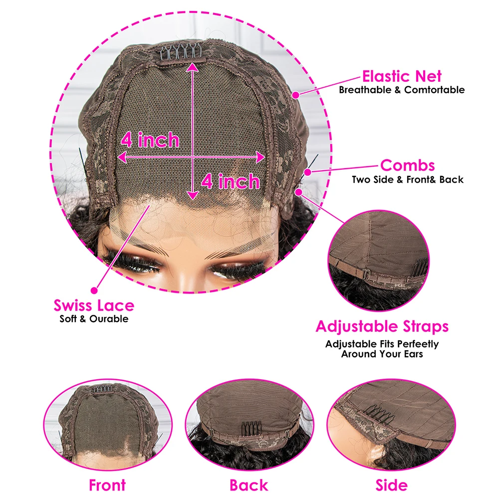 Short Bob Water Wave Human Hair Wigs 4x4 Transparent Lace Closure Wig 250% Density Curly Wavy Remy Hair Wig for Black Women 6