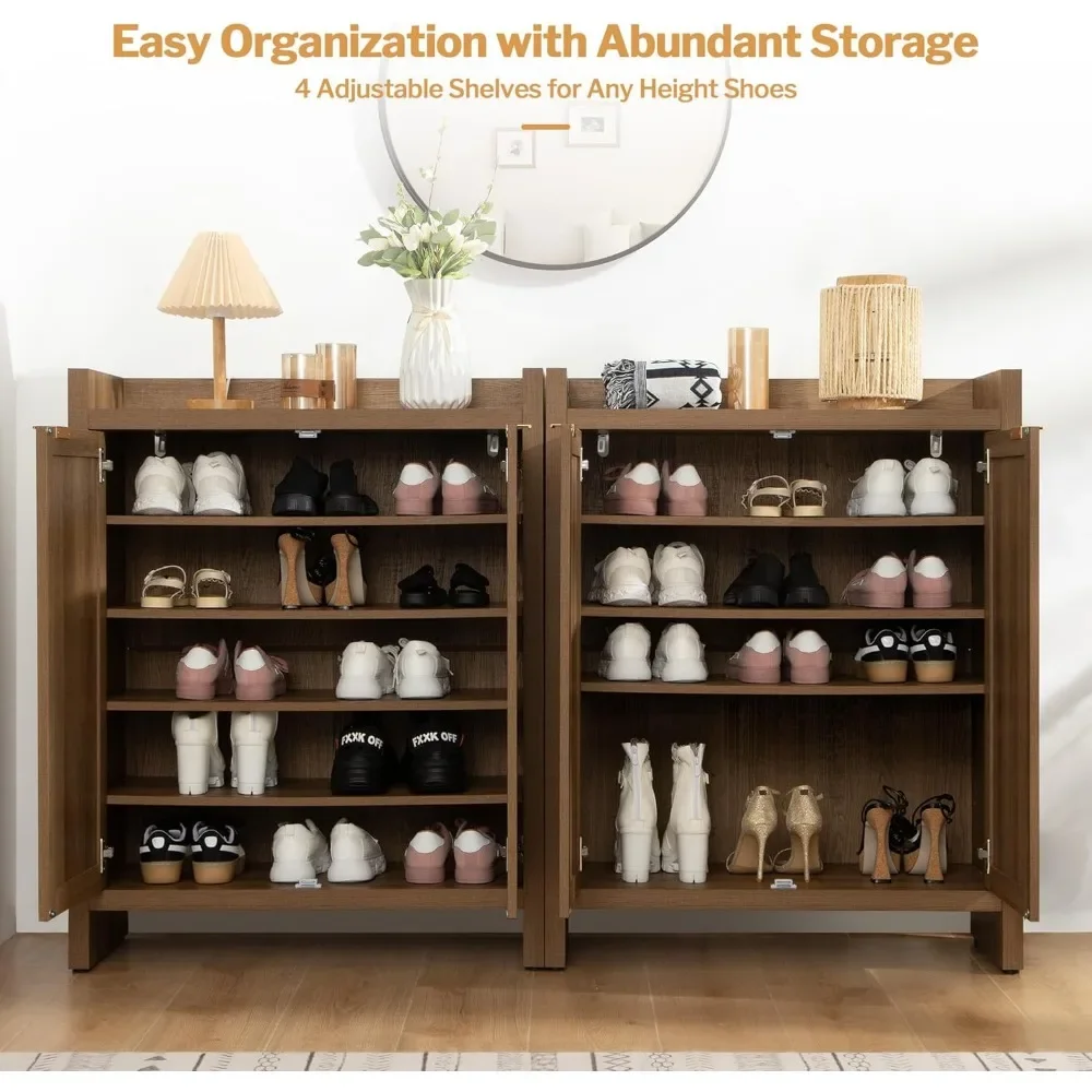 Shoe Cabinet Set of 2 with Doors and Shelve 6-Tier Farmhouse Wood Storage Cabinets Large Capacity Shoe Storage Organizer Cabinet 4