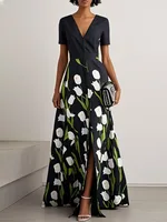 Yeezzi 2025 New Women's Elegant Floral Printed V-neck Shirts Dress Short Sleeves Split-Front A-Line Party Evening Maxi Dresses