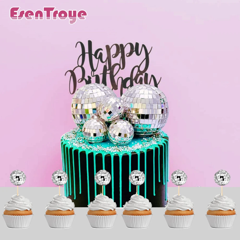 Decoración Para Tartas Estilo Discoteca - 40 Piezas Con Bolas Espejo, Estrellas Y Fuegos Artificiales, Color Rosa Y Plata