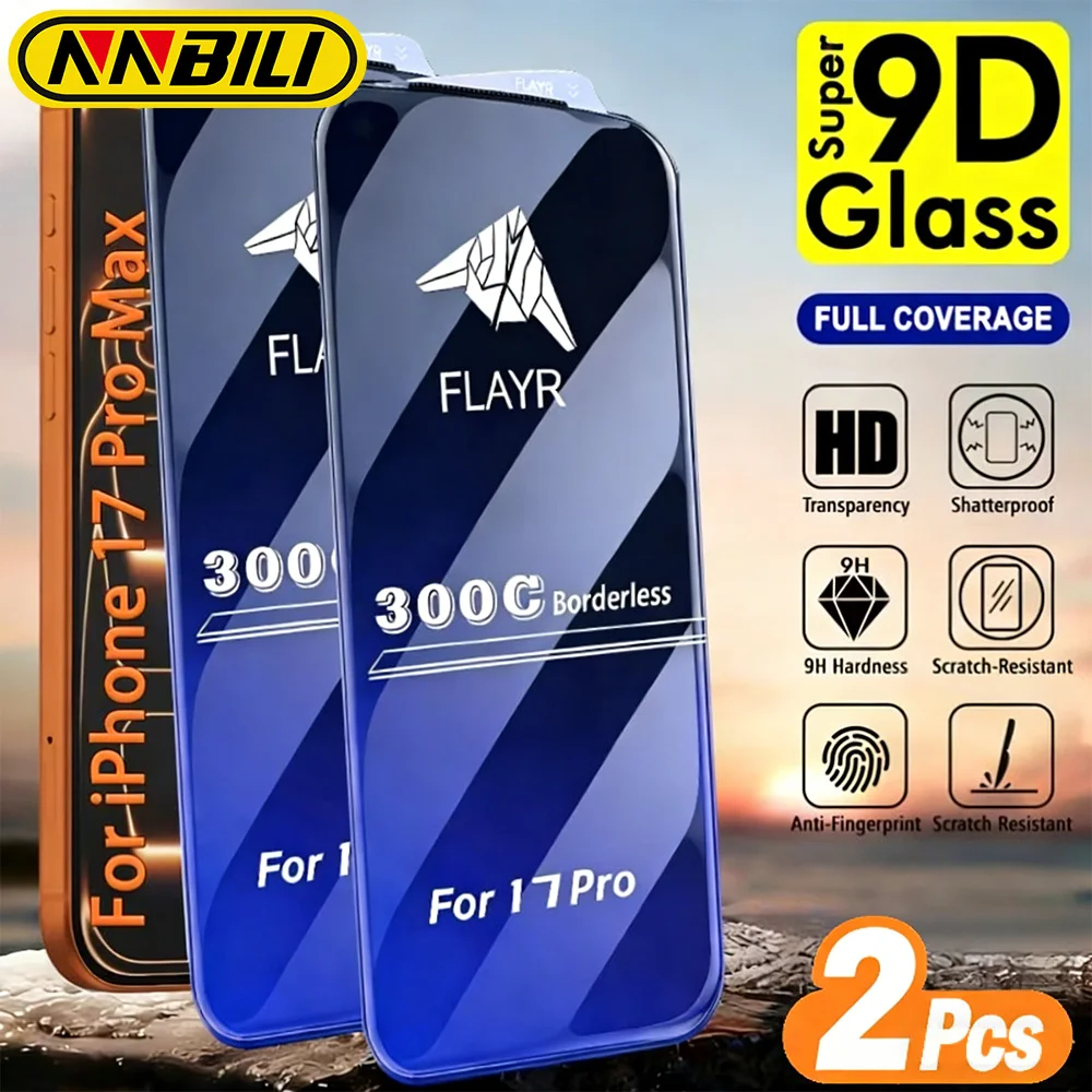 NNBILI 2枚入り 300C ブラックエッジ 携帯電話用強化ガラススクリーンプロテクター iPhone 17 Pro Max 17e 17Air 17Pro用 フルカバースクリーン