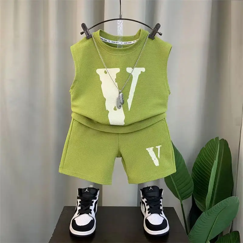 

Boys Summer Tank Top Set 2023 New Fashionable Baby Sleeveless Sportswear Childrens Net Red Two Piece Set Kids Outfits