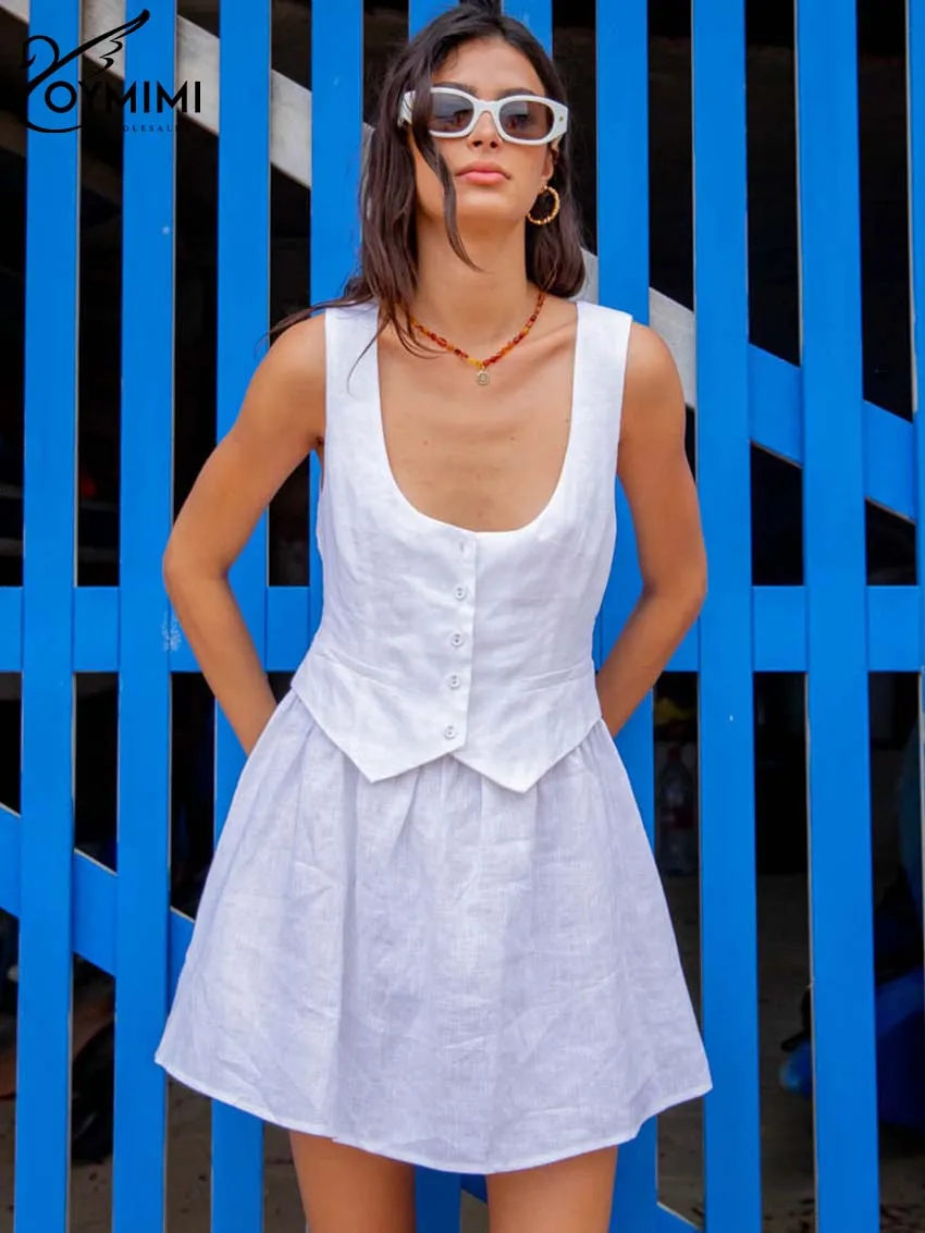 

Oymimi Elegant White Cotton 2 Piece Sets Women Outfit Summer O-Neck Button Sleeveless Tank Tops And High Waist A-Line Skirts Set