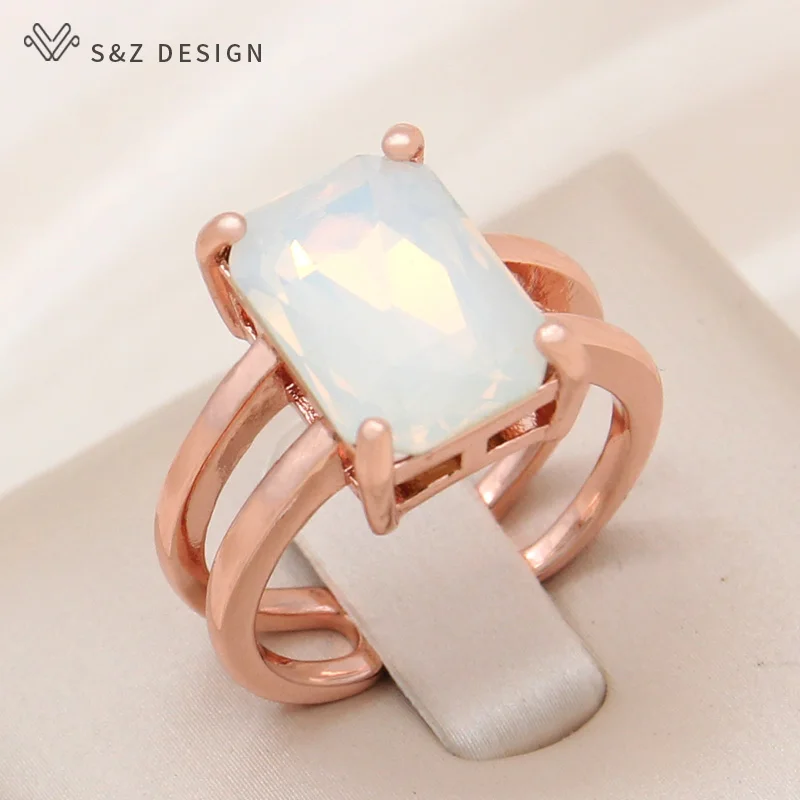 S&Z DESIGN New Stylish Rectangle Crystal Adjustable Rings For Women Wedding Party 585 Rose Gold Color Simple Jewelry Gift