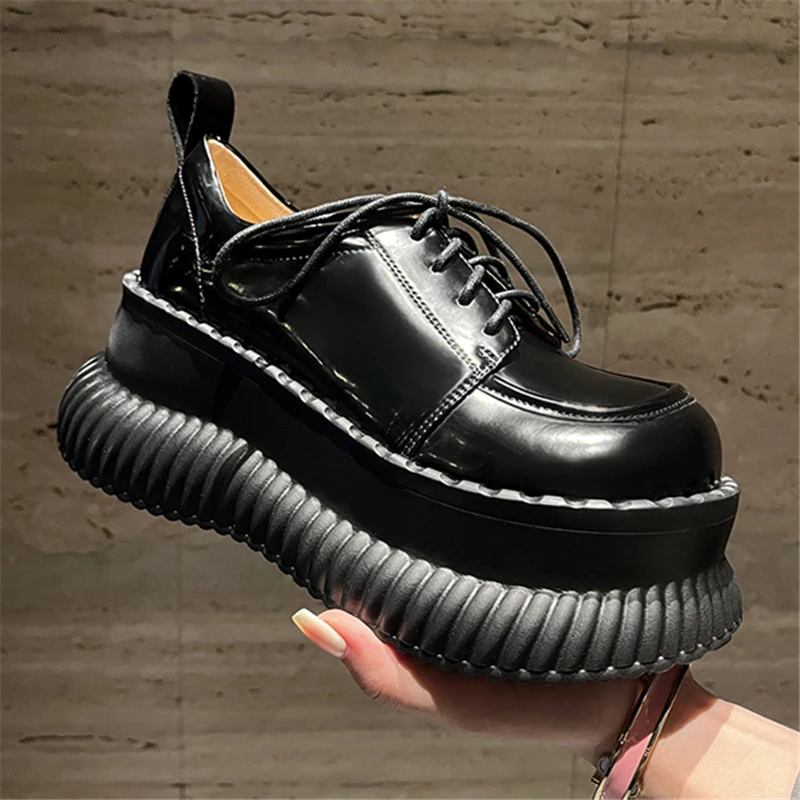 Spring and Fal Leather Thick Sole Platform Chunky Heels Women Pumps Solid Color Up Round Toe Fashion Concise Casual Female Shoes