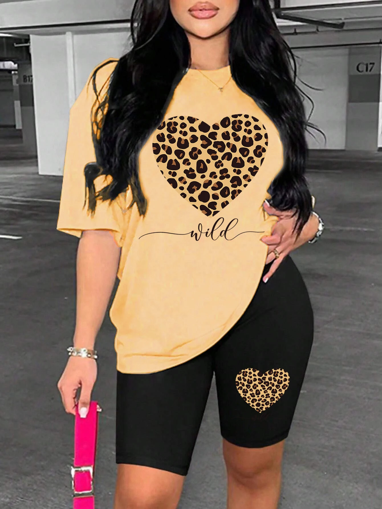 Leopard Heart Pattern Printing Shorts Sets Fashion Cartoon Women'S Two Piece Set Breathable Comfortable Short Sleeved Shorts Set 2