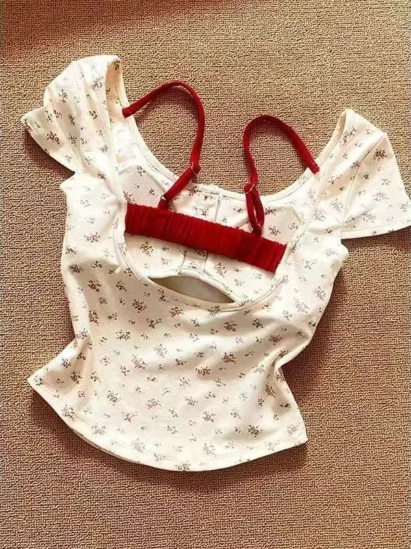 Floral Print ter Ne ort Sve T-irt Women's  Two-Piece Set with Chest Pad Design Summer Moisture ng Polyes...