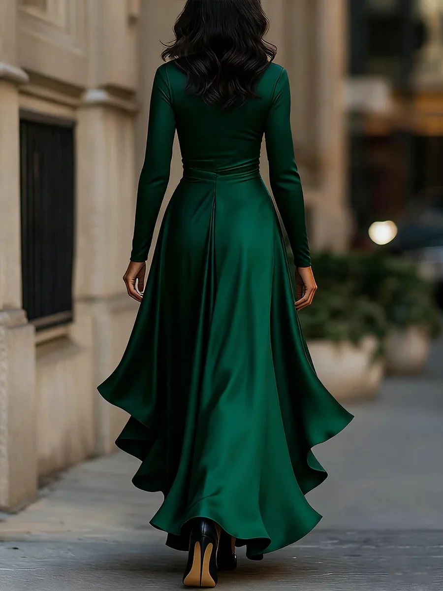 Sexy V Neck Long Sleeve Slash Ribbon Ruffle Trumpet Party Long Dress Spring Autumn Ruffle Irregular Vestidos SZE-5580