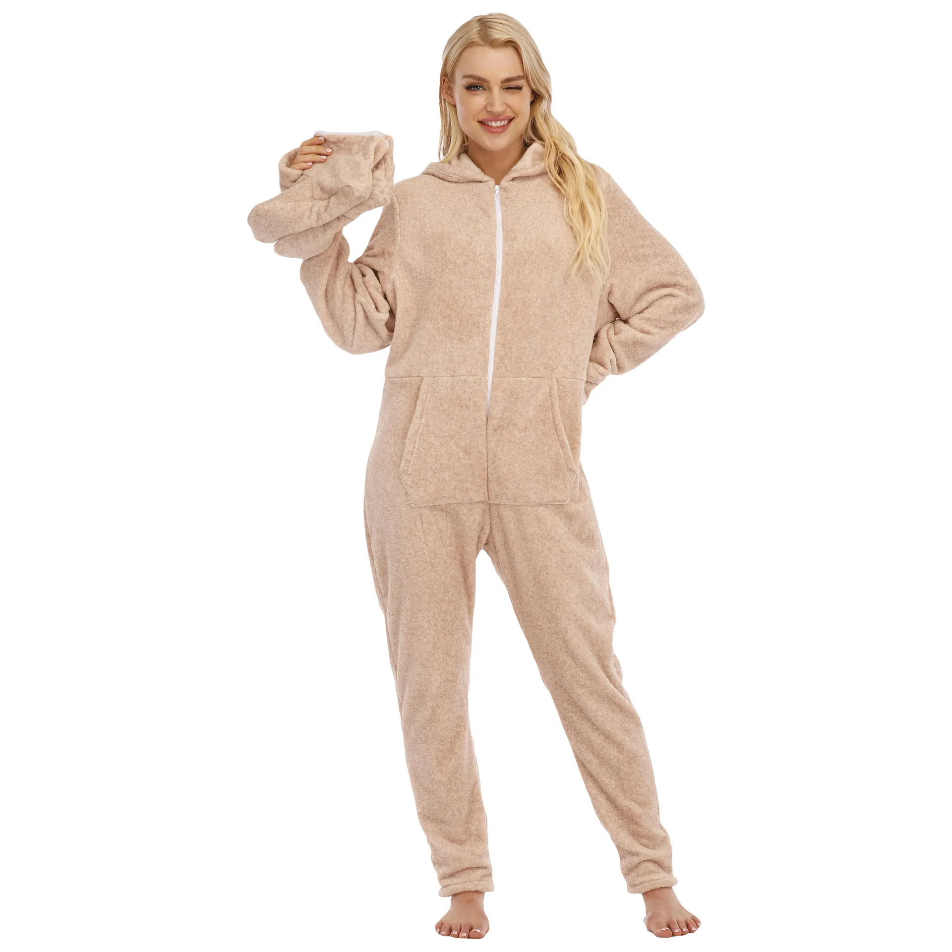 Solid Color Flannel Long Sleeve Onesies Casual Comfortable Zipper Women Homewear Soft Jumpsuit Pajama