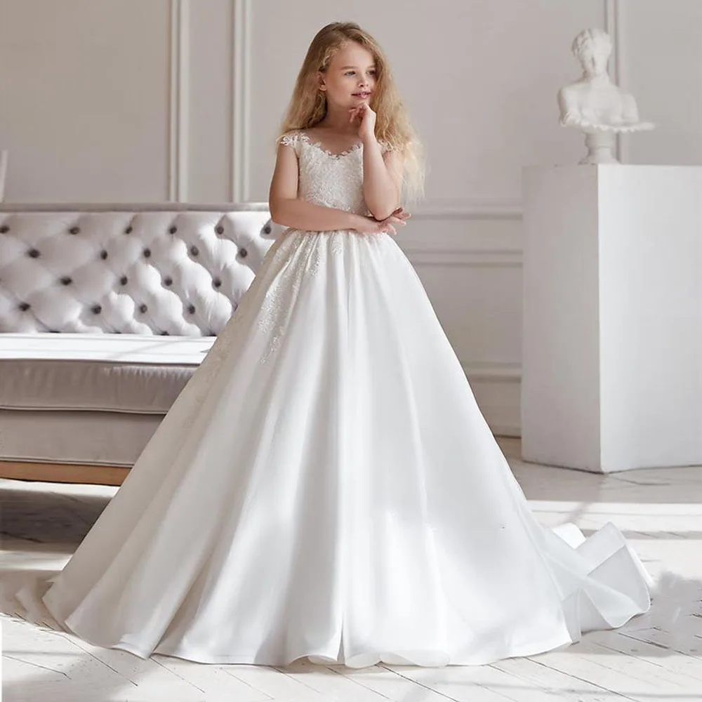 

Белое Цветочное платье для девочек на свадьбу, платье принцессы в пол из фатина для первого причастия, вечернее платье