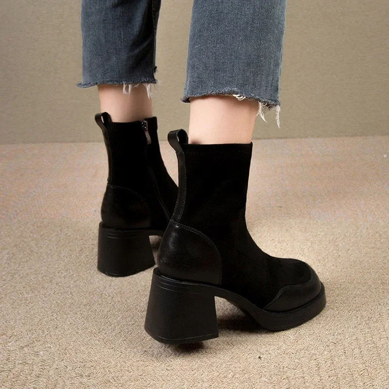 Women's Fashion Boots Mid-heel 2023 New Round Head Leather Ankle Boots Women Thick Wool Warm Dress Boots Women