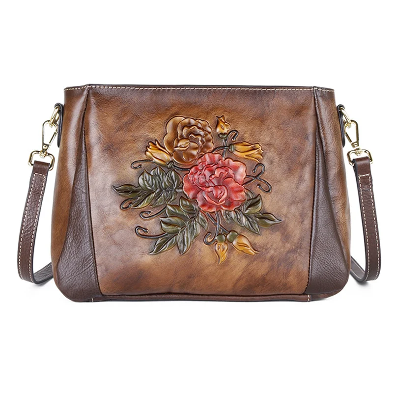 

Women Genuine Leather Messenger Bags Shopping Female Floral Retro Chinese Style Real Cowhide Single Shoulder Crossbody Bag
