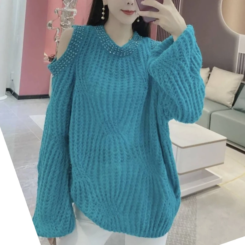 

Off Shoulder Autumn Winter Sequin Sweater Top Women Korean Style Lolita Lantern Sleeve Knitted Sweaters Pullovers pull femme