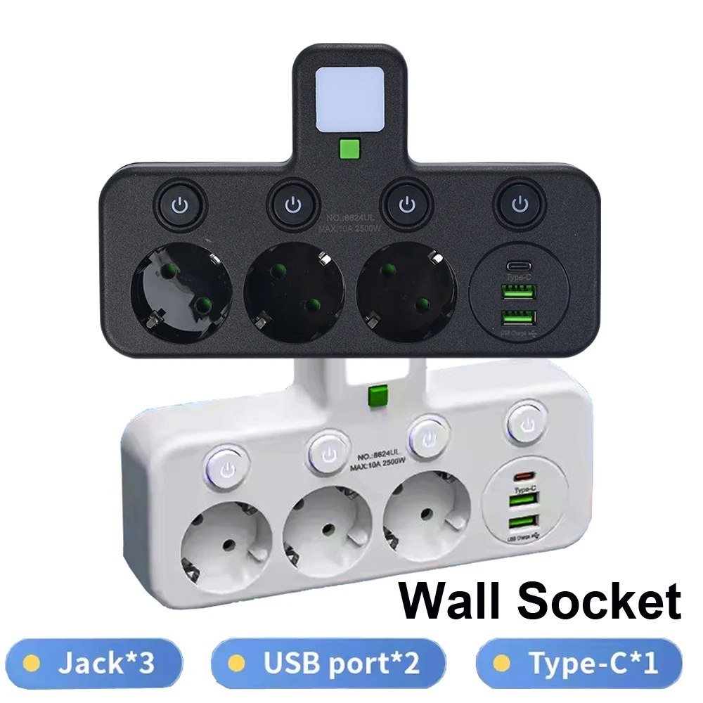 Power Strip 3 AC Outlets 2 USB Ports 1 Type C Plug Socket Adapter 6 in 1 Wall Charger EU Plug Home Office