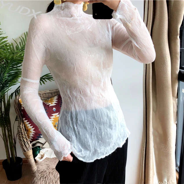 

Женская плиссированная футболка миаке, однотонная облегающая дышащая футболка с высоким воротником и длинным рукавом, эластичная футболка на раннюю осень 2023