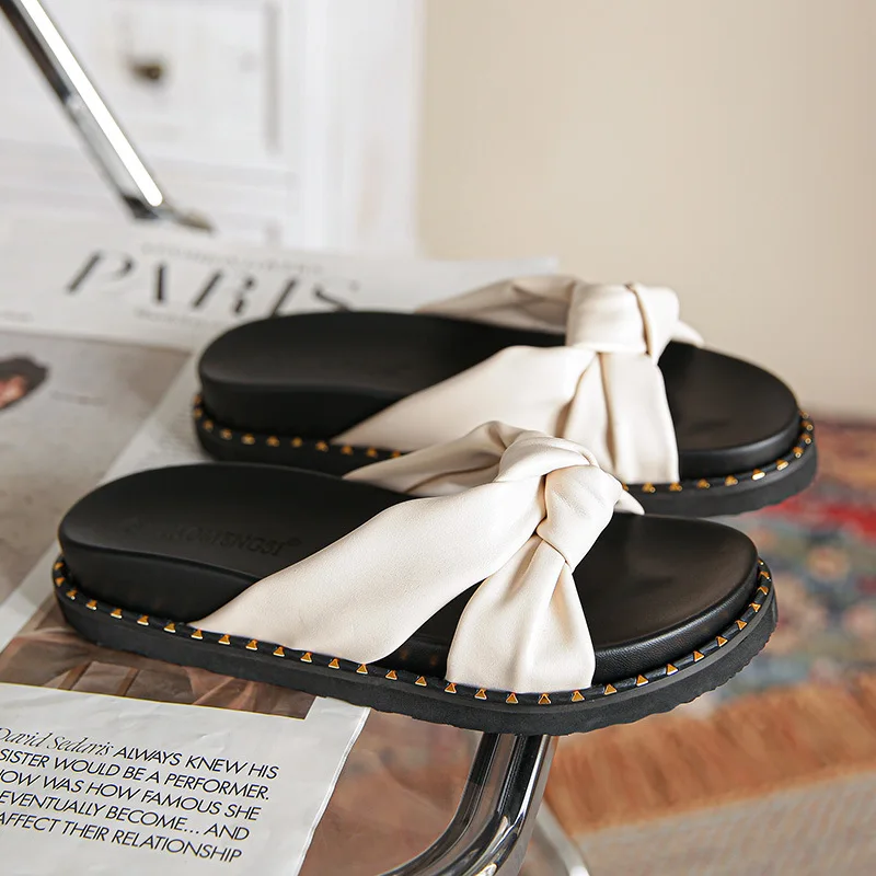 

Летние тапочки, женская обувь 2022, удобные женские босоножки на низком каблуке с бантом, Универсальные женские Босоножки с открытым носком