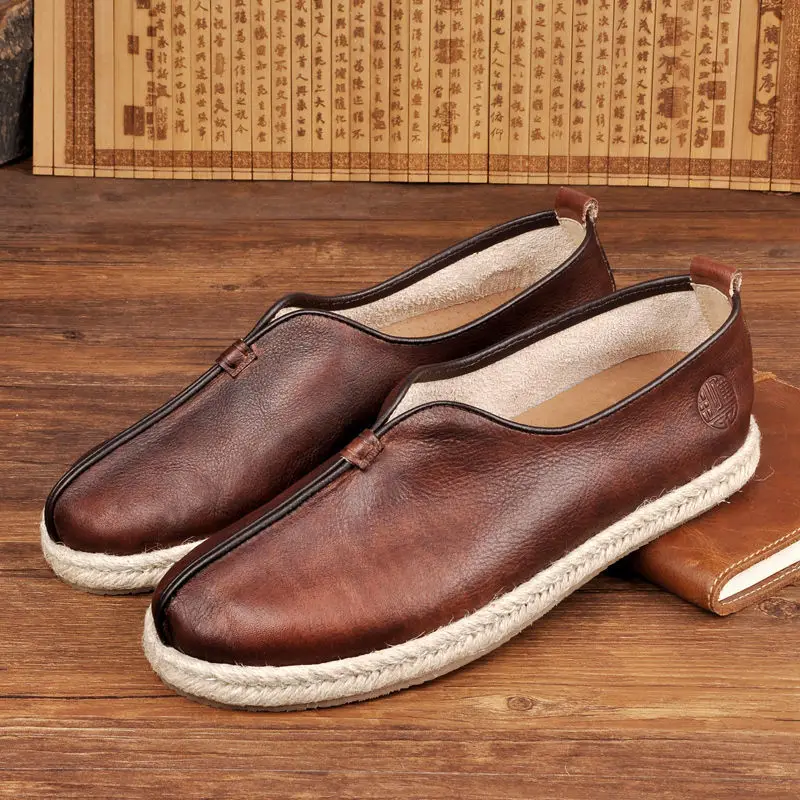 Genuine Leather Vintage Wing Chun Kungfu Shoes Chinese Traditional Shoes Wushu Tai Chi Old Peking Casual Flat Loafers