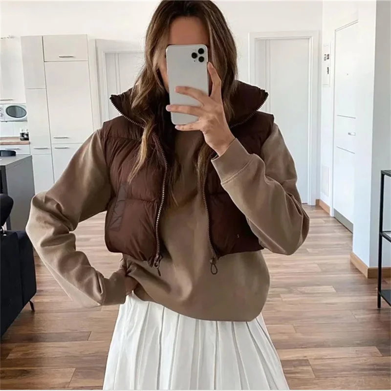 

Women Winter Casual Solid Color Warm Sleeveless Crop Waistcoat Stand Sided Lightweight Puffer Vest Streetwear