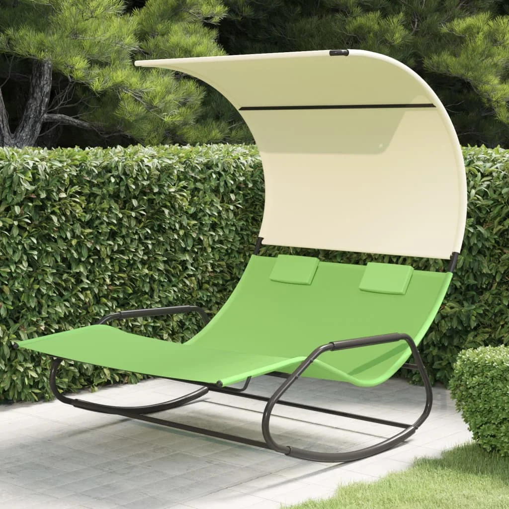 Double Basking Chair with Green and Cream awning, Outdoor Garden Sun