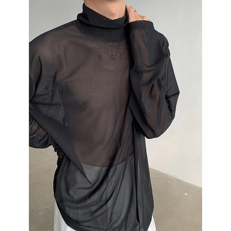 

Sexy Perspective High-neck Long Sleeve T Shirt Men Women Net Yarn Bottoming Shirt Spring Summer Transparent Black Tee Shirts