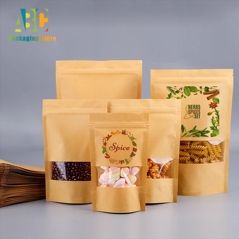 

High Quality Customized Printing Kraft Paper Standing Window Zipper Bag Condiment Tea Sugar Nut Storage Packaging Pouch