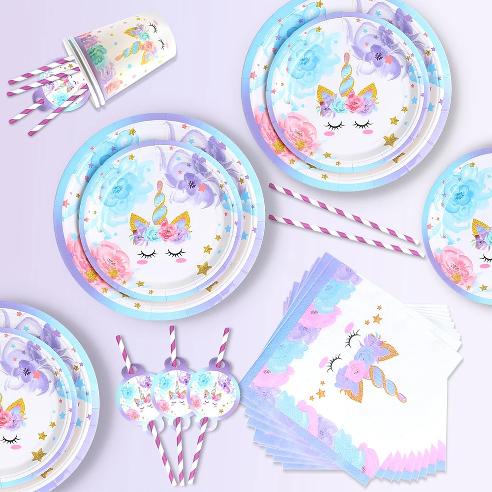 80 Pieces of Unicorn Birthday Decoration Tableware Unicorn Party Tableware Set for 16 Guests Party