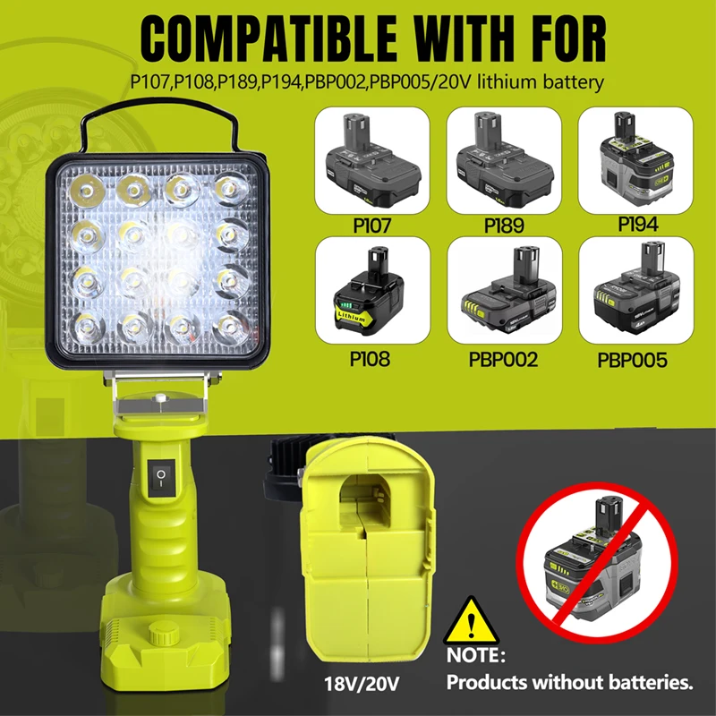 Cordless Work Light, 4000 Lumen Flashlight Compatible with Batteries Ryobi 18V, 35W LED with 140 Degree Pivoting Head, USB