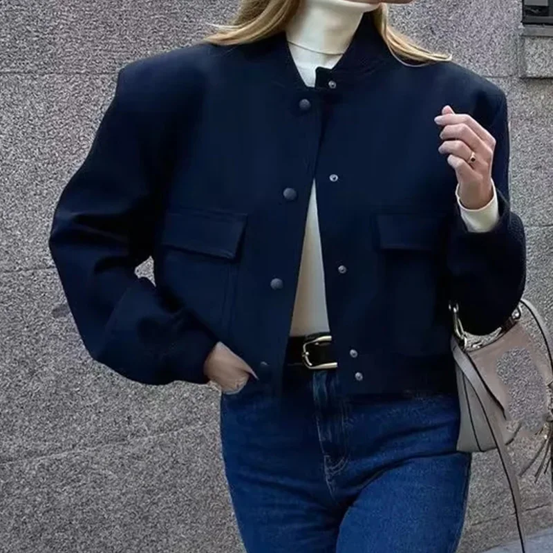 Women's Bomber Jackets Coat Crop Outwear Armygreen Long Sleeve Coat With Pocket Solid azatrafins Woman Jacket Navy Blue Jackets