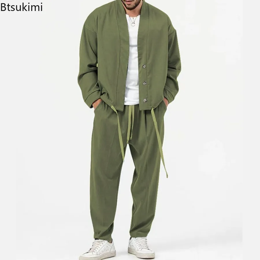 2024 Men's Casual Pants Sets Spring Autumn Loose Long-Sleeve Jackets+ Pants Two Piece Sets Retro Streetwear Man Sport Suits Sets