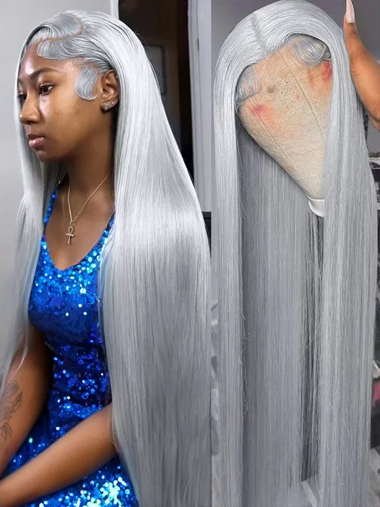 Silver Grey Colored Bone Straight Lace Front Wig Human Hair Wigs 13x4 13x6 Transparent Lace Frontal Wigs For Women Pre Plucked
