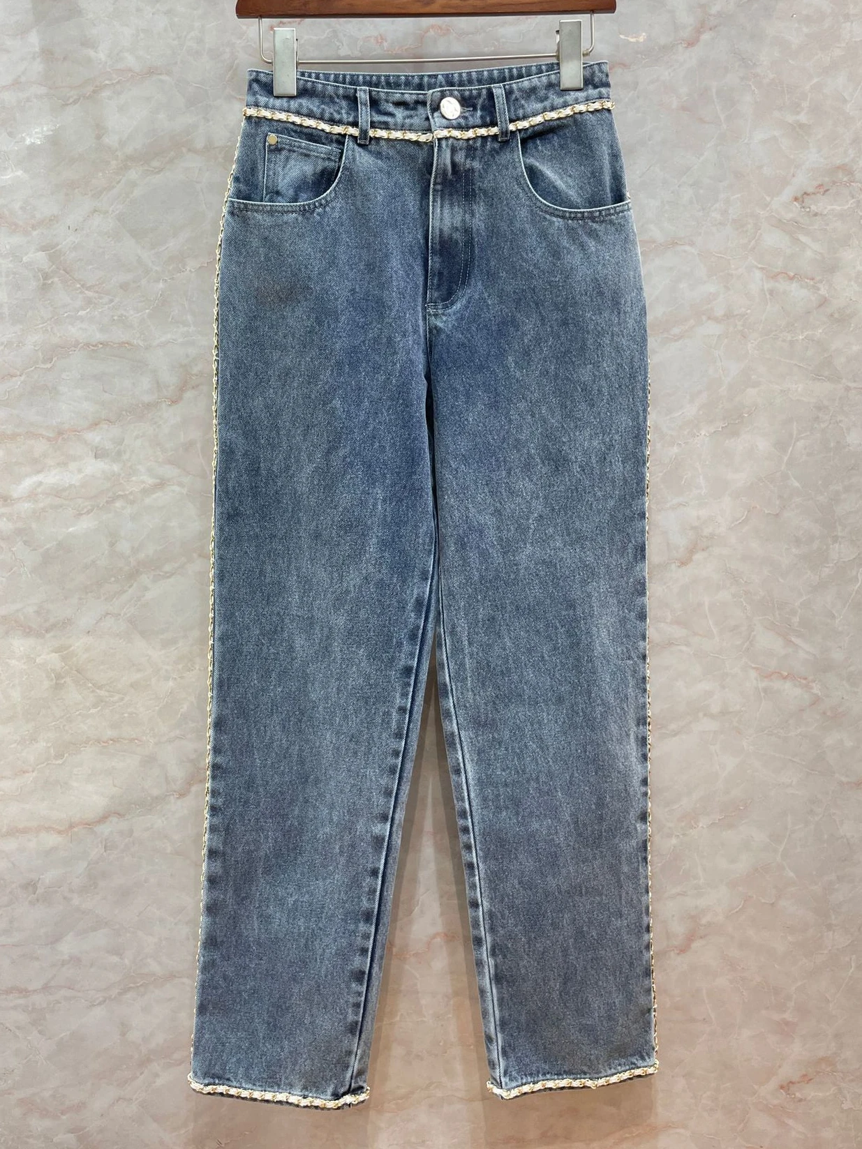 

2024 New Spring Women American Vintage Blue Jeans High Waist Autumn Streetwear Chain Pants Female Straight Denim Trousers