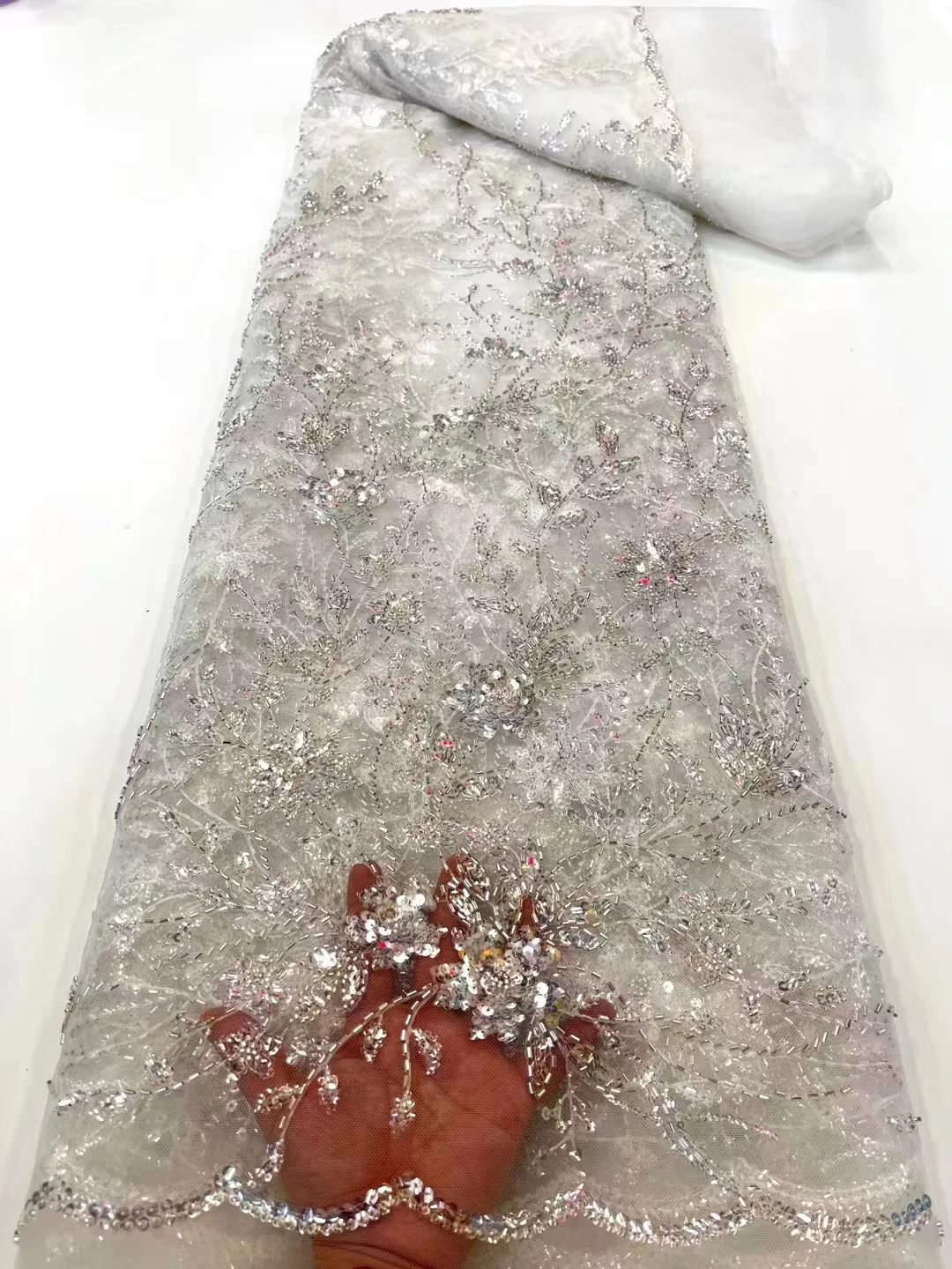 

New European and American mesh bead tube sequin lace embroidery, light luxury clothing gauze evening dress cheongsam