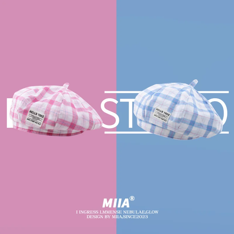 

Summer Sweet and Cute Girl Concave Berets Korean Dopamine Pink and Blue Plaid Labeling Niche Painter Hats for Woman Gorras