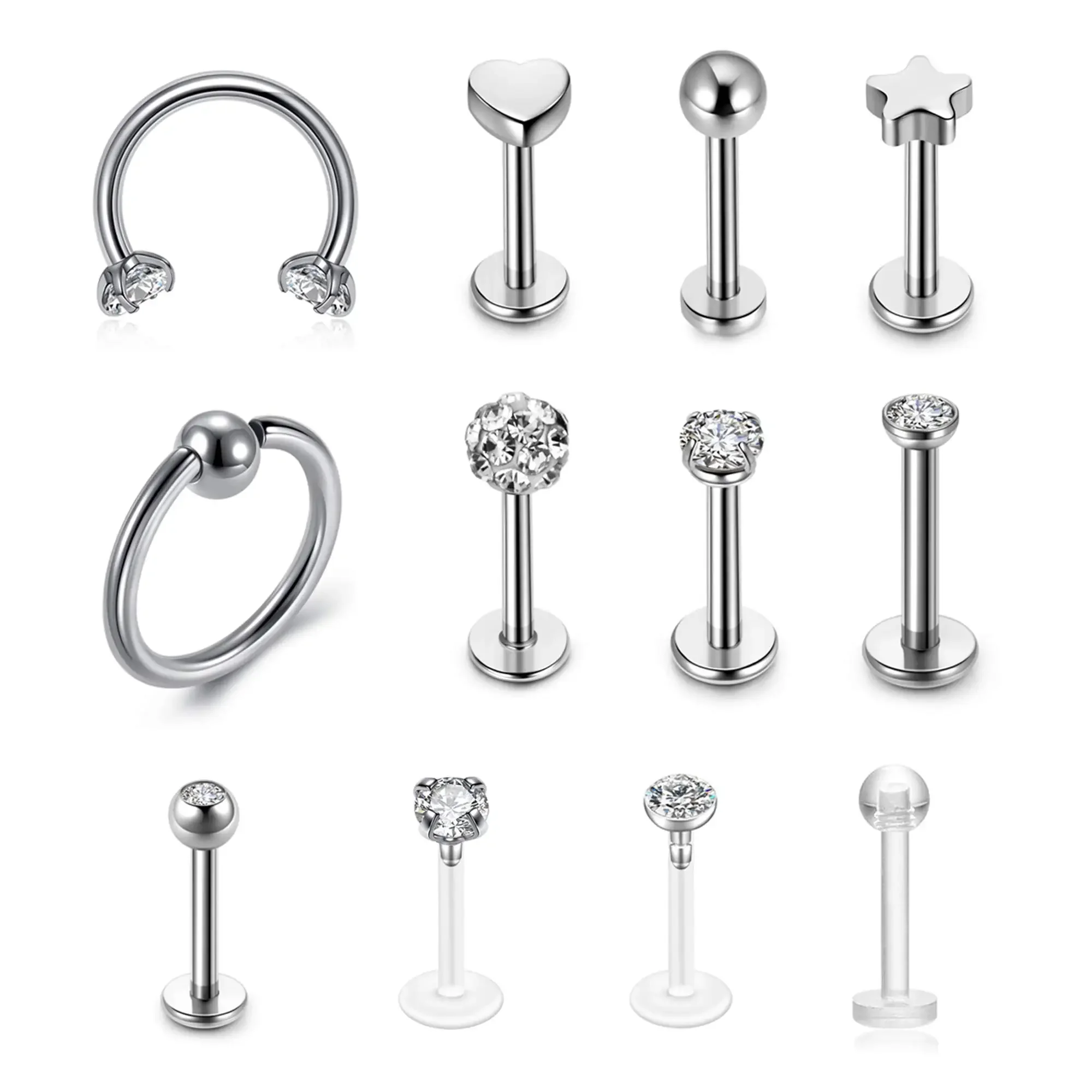

16G Lip Nail Stainless Steel Spiral Crystal Cartilage Earscreen Hoop Women's Grils CZ Barbell Perforated Earrings Set 12 Pieces