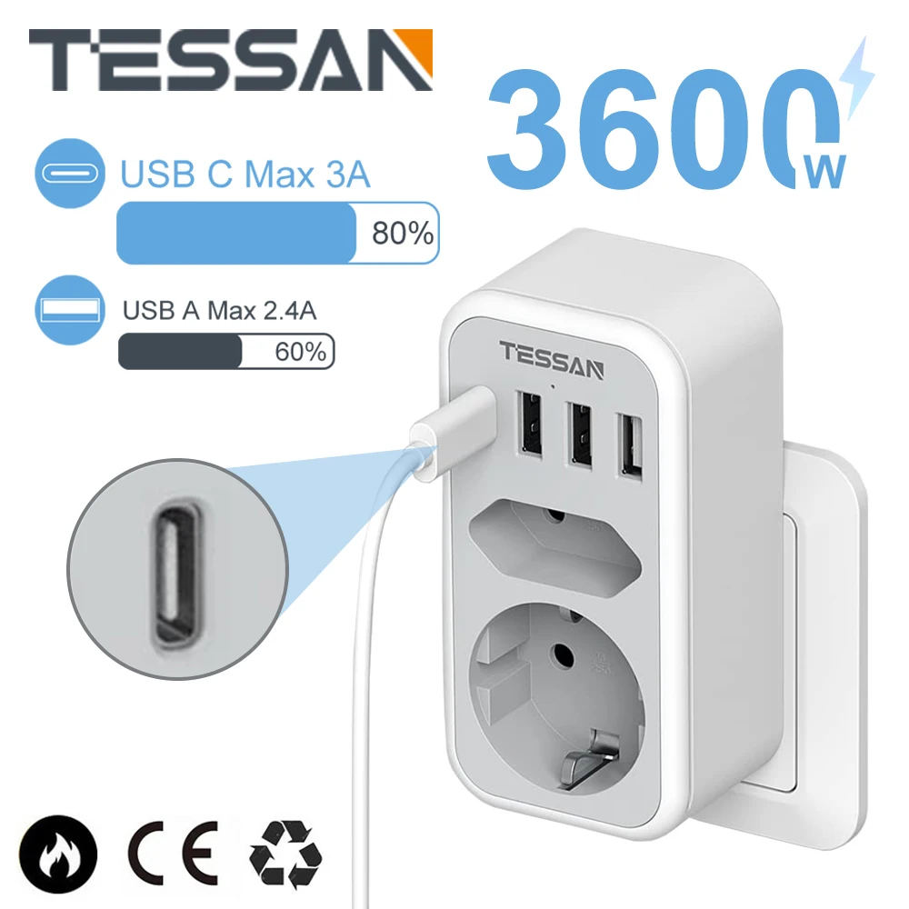 

TESSAN 2-Way Socket Adapter with 1 Type C Fast Charging Plug and 3 USB Ports, Vertical Multiple Socket Adapter for Home Office